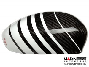 FIAT 500 Mirror Covers - Carbon Fiber - White Racing Stripe w/ Red Scorpion V2